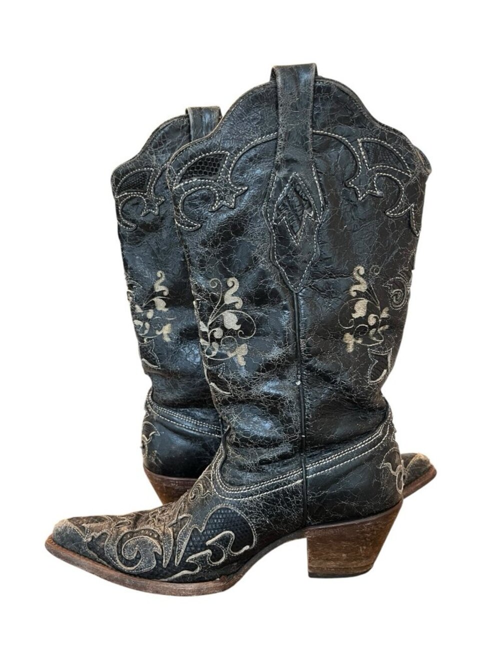 Corral Womens Size 7 M Black Genuine Lizard Leather Floral Inlay Cowgirl Boots - Picture 5 of 10